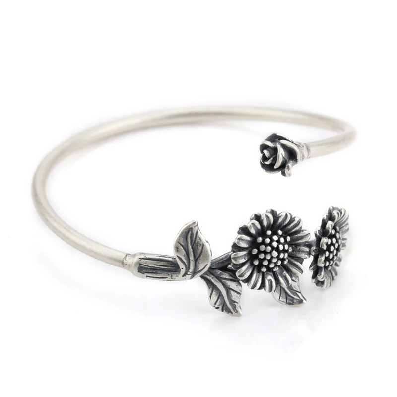 

925 Sterling Silver Cuff Bangle for Women Jewelry European Style Bracelets with Silver Sunflower