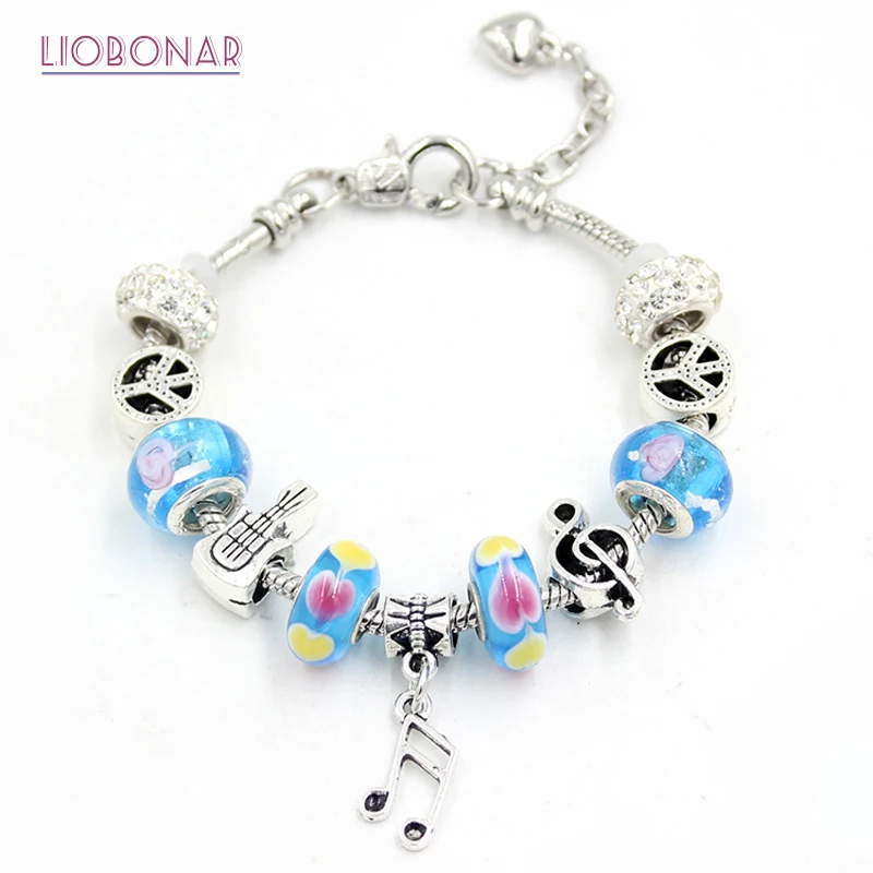 10PCS Guitar Music Note Charm Bracelet Flower Heart Lampwork Murano