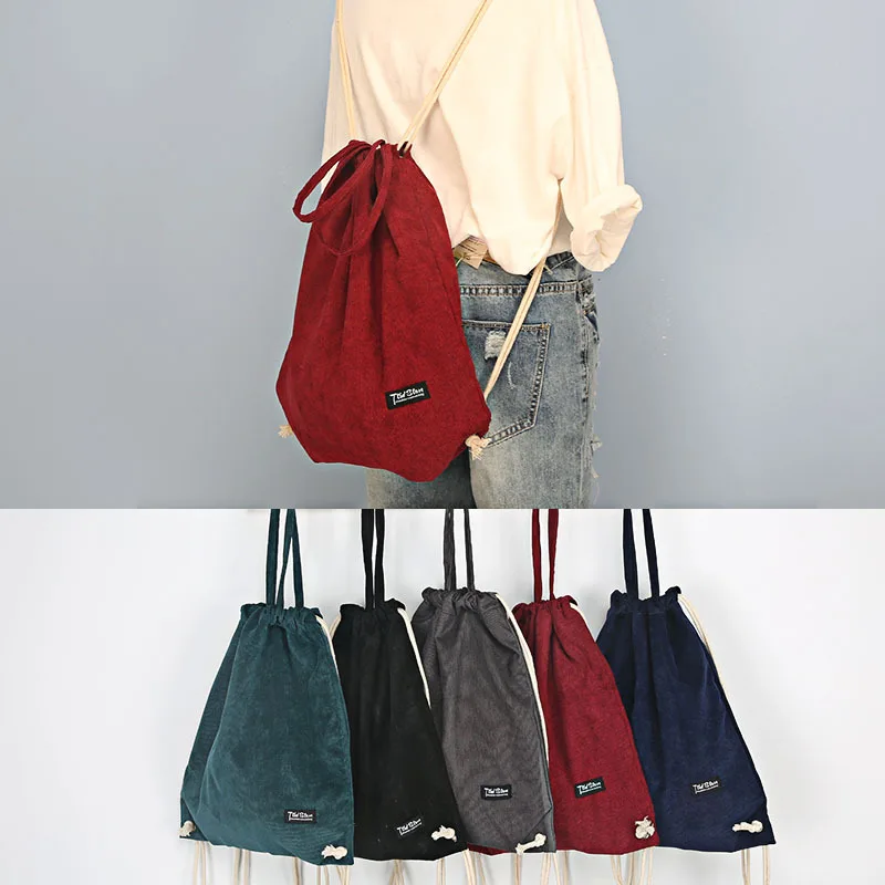 

YILE Solid Color Corduroy Drawstring Travel Backpack Student Book Bag 5 Colors ZT9-28