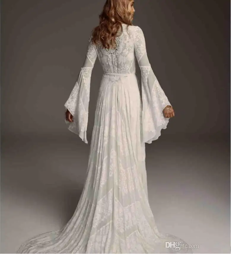 Bohemain свадебное платье es V шеи кружевное свадебное платье пышное с длинными рукавами Бохо на заказ плюс размер пляжное свадебное платье