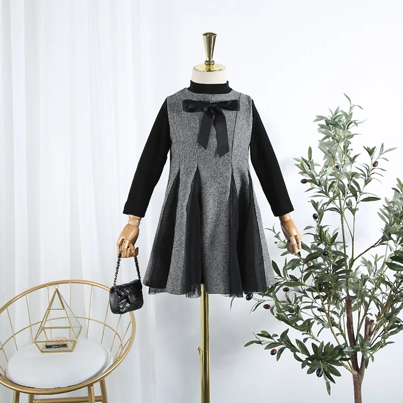 

Autumn 2019 children's clothing girls dress Korean version of black gray color matching long-sleeved A word dress