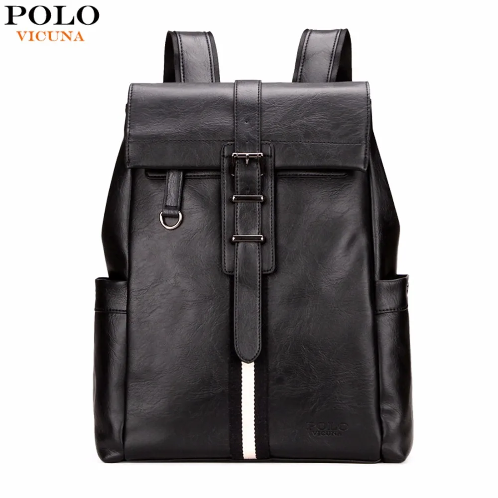 

VICUNA POLO Preppy Style Simple Striped Design Leather Man Backpack Unisex College School Backpack Black Laptop Backpack mochila