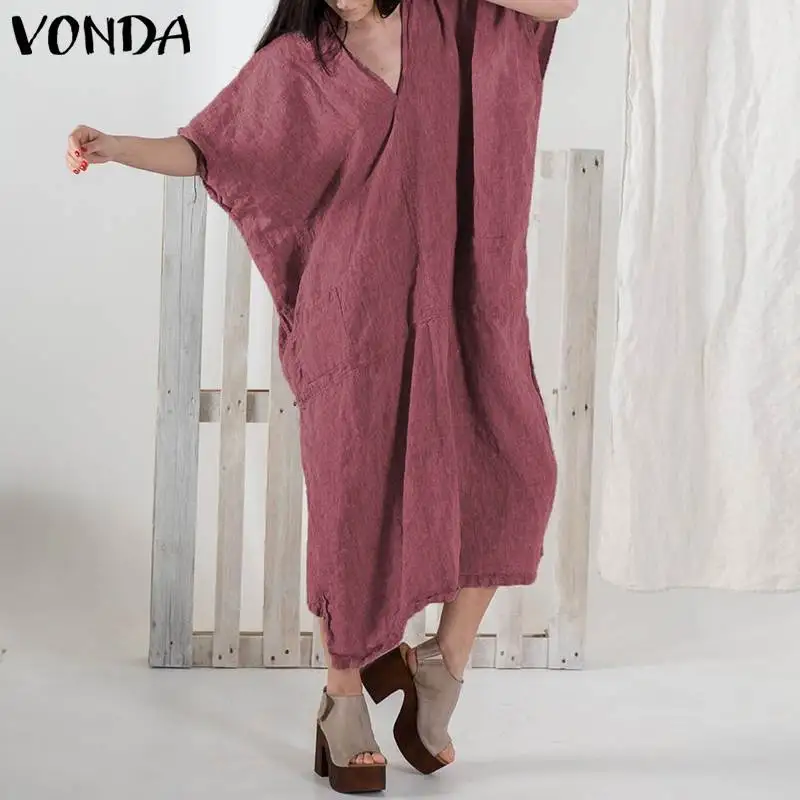 

Summer Dress Plus Size Women Vintage V-Neck Half Sleeve Backless Dress VONDA 2020 Female Casual Loose Sundress Plus Size Vestido