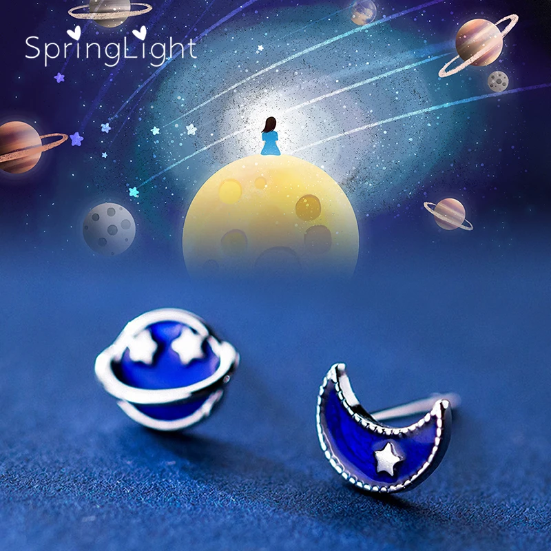 

SpringLight Blue Planet Earring Real 925 Sterling Silver Fine Jewelry Cute Romantic Moon Star Stud Earrings for Women Lover Gift