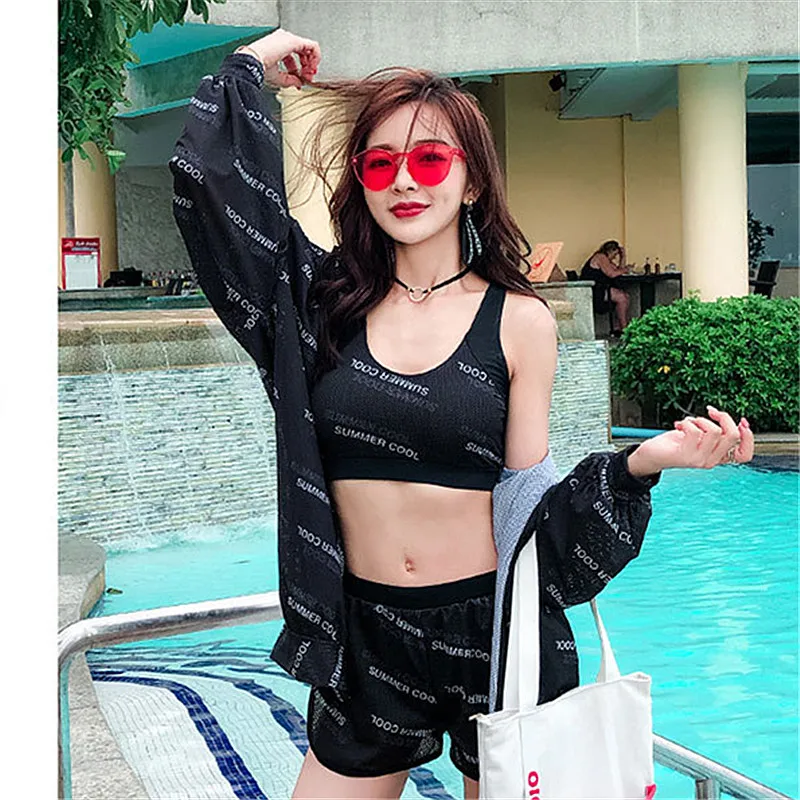 Summer Swimwear Women Letter Print Tankini Set Three Pieces Swimsuits Sets with Cover Up Bathing Suit Sexy Women's Suits | Спорт и