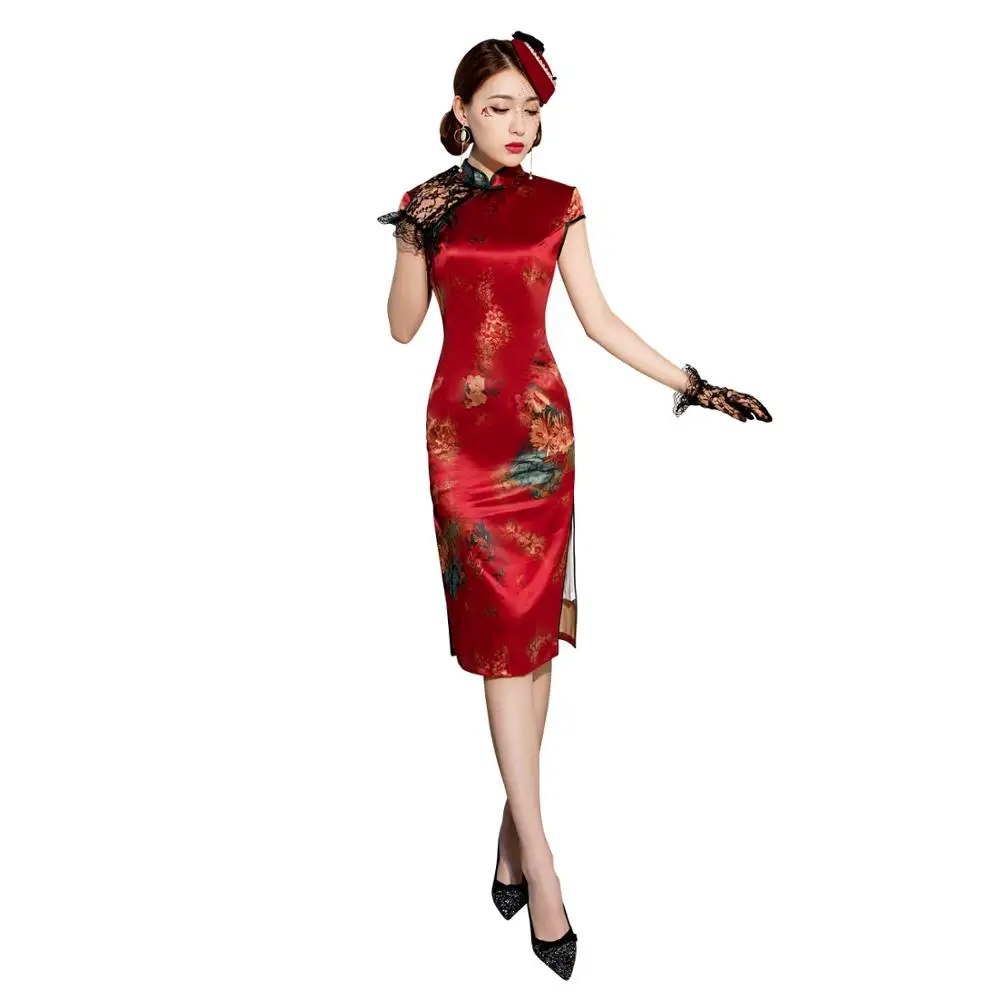 Шанхай история короткий рукав цветочный Cheongsam длина до колена цветочный принт Qipao китайское платье Восточный стиль платье для женщин - Цвет: 9283