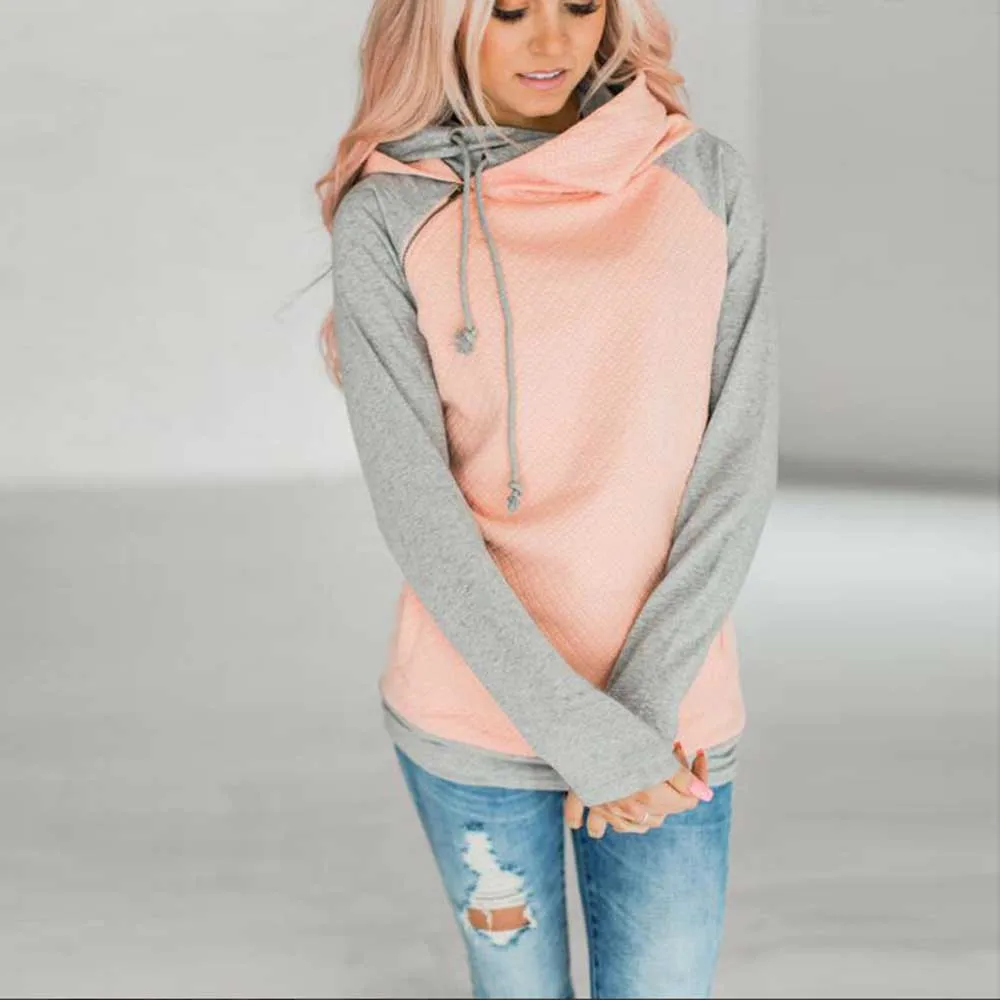 Autumn Women Sweatshirt Pink Patchwork Diagonal Zipper