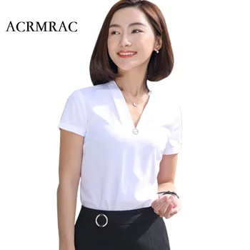 

ACRMRAC Women's shirts Summer shirt Short sleeve Slim Solid color white V-Neck Business OL Formal Blouses & Shirts