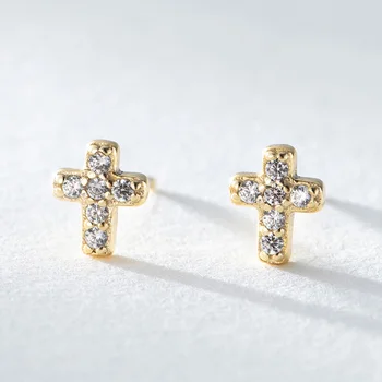 

925 Sterling Silver Christian Small Rhinestone Cross Love And Redemption Stud Earrings For Women Gold Color Fashion S925 Jewelry
