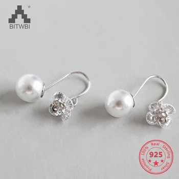 

2019 Fashion 925 Sterling Silver Dangle Earrings White Zircon Flower Pearl Drop Earrings For Girls Women Wedding Party Jewelry