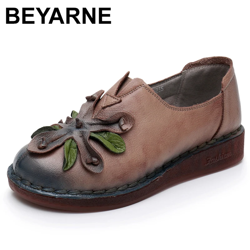 

BEYARNE 2019Women's Handmade Shoes 2019 Spring Autumn Genuine Leather Ladies Shoe Women Shoes Flat Leather Retro Woman ShoesE298