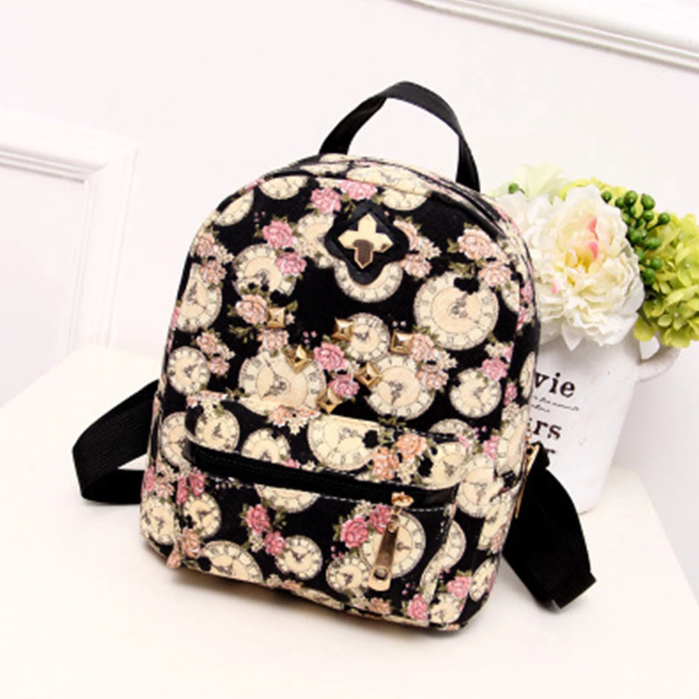 

Simple Women Backpack Clock flowers printing canvas Shopping Travel Backpacks