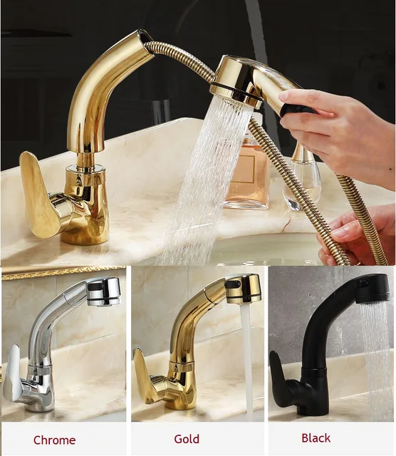 Special Offers  Gold Black Chrome Brass Single Handle Pull Out Sprayer Kitchen Sink Cold Hot Mixing Faucet,Pull Down Pull-Out Kitchen Faucet