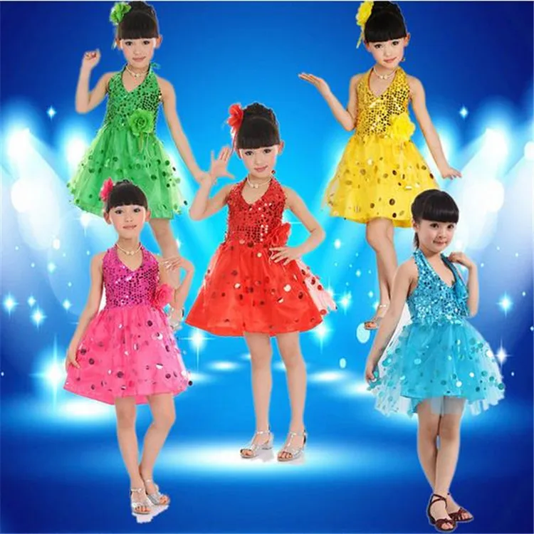 Children Kids Sequins Fringe Stage Performance Yarn Dress Ballroom Dance Competition Dresses