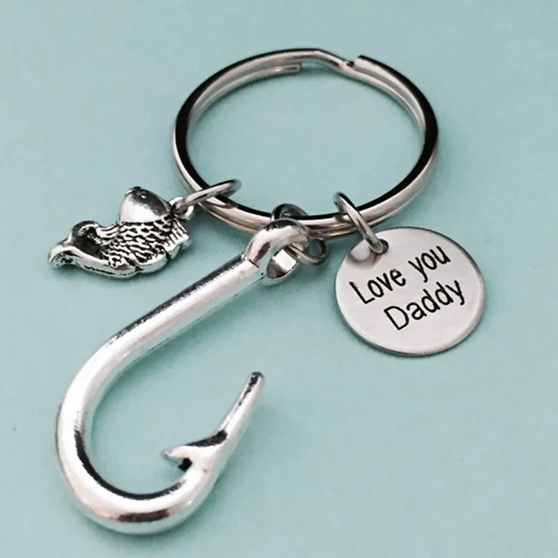 

Family Silver Color Love Heart Dad Keyring Fish Hook Me Keychain For Father Fishing Key Chain Daddy Pendants Jewelry Gifts
