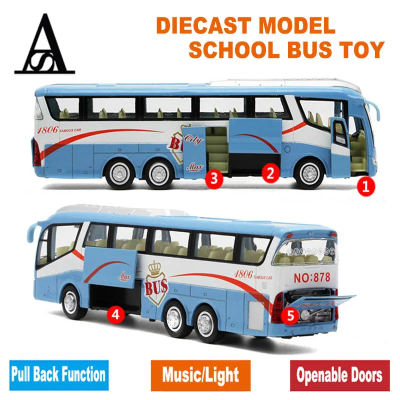 

25Cm Length 1 55 Scale Diecast Metal Shuttle Bus Model, Boys Gift Alloy Toys With Openable Doors/Music/Light/Pull Back Function