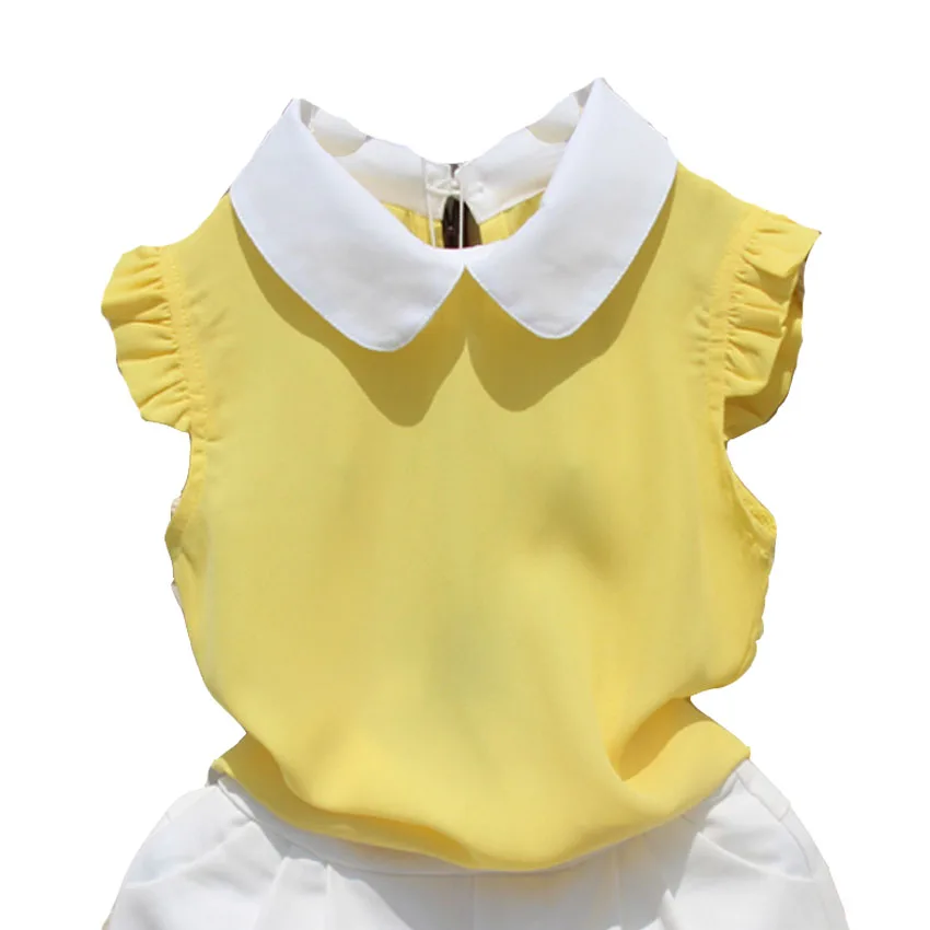 Рубашки для девочек с короткими рукавами и воротником «Питер Пэн»; блузки для девочек; Летние шифоновые топы; одежда для студентов; одежда для детей-подростков