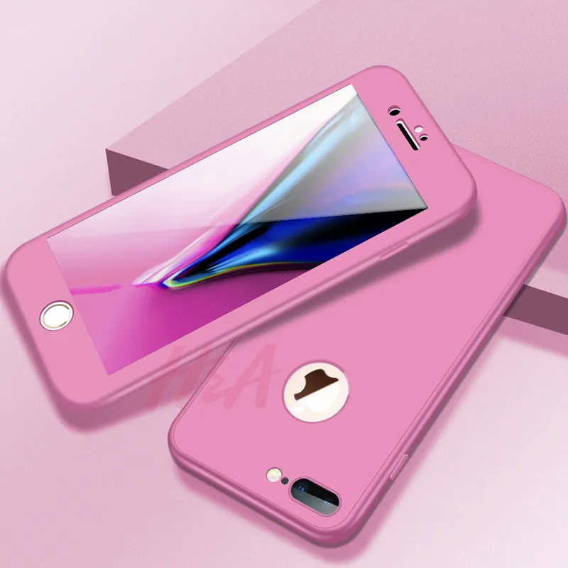 H& A 360 Полный чехол для телефона iPhone 8 6 6s 7 Plus 5 5S SE мягкий силиконовый защитный чехол для iPhone 8 Plus со стеклом - Цвет: Розовый