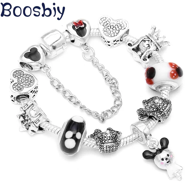 

Boosbiy 2019 Mickey Minnie Charm Bracelets For Kids Crystal Bead Jewelry Fit European Women DIY Pandora Bracelet Cartoon Gift