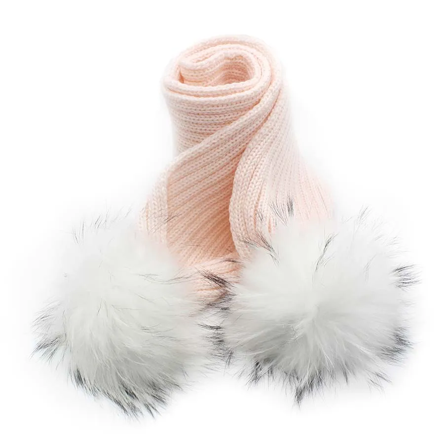 Детский зимний шарф со съемным натуральным мехом енота, помпоны для мальчиков и девочек, теплые шарфы с большим помпоном, меховой шарф - Цвет: Pink6