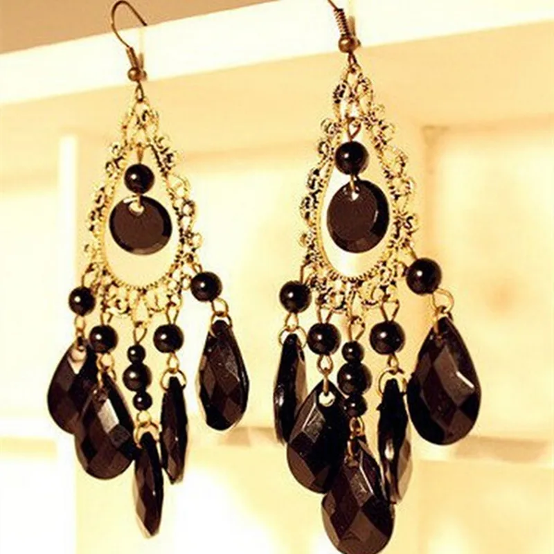

Tassel Earring- New Fashion Beautiful Classic Vintage Black Bead Stone Hollow Drop Tassel Earrings For Women Jewelry 4ED414