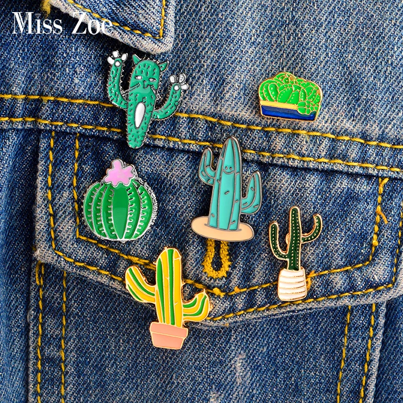 

Cartoon cactus prickly pear Enamel pin Brooch Green plant Mexican cactus cat Denim Jacket Lapel Pin Coat badge Fashion Jewelry