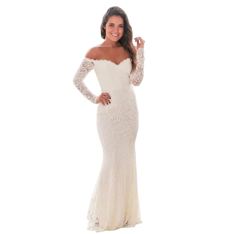 ADEWEL Sexy Off Shoulder Long Sleeve Floor-length Lace Dress Bodycon Women Mermaid Formal Party Dress Elegant Vintage Maxi Dress (6)