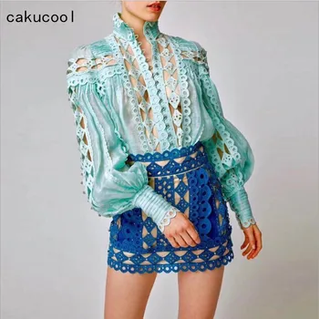 

Cakucool new shirt spring 2019 women white blouse fashion runway long lantern sleeve Hollow Out Lace Tops For Women Blusa Femme