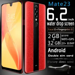 Смартфон 6,2 дюймов Mate23 сотовые телефоны капли воды экран с роскошным кожаным чехлом разблокированный Dual Sim мобильный Бесплатная доставка