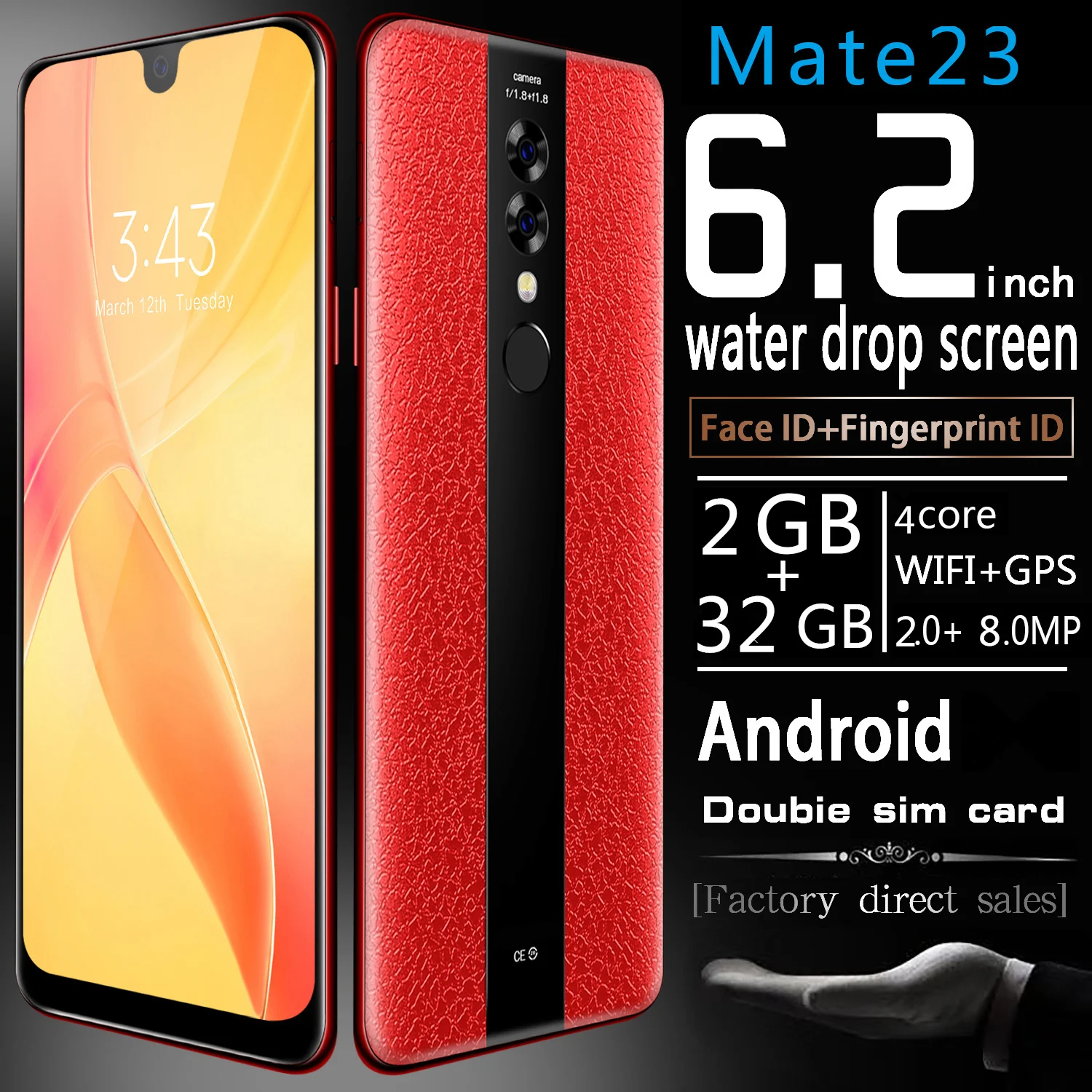 

Smartphone 6.2 Inch Mate23 Cellphones Water Drop Screen with Luxury Leather Cover Unlocked Dual Sim Mobile Free Shipping