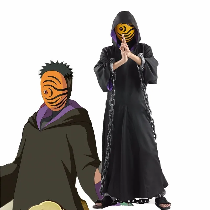 

JP Anime Naruto Tobi Cosplay Costume Uchiha Obito Black Long Robe Man Halloween Party Full Set Uniform Suit PVC Chain Resin Mask