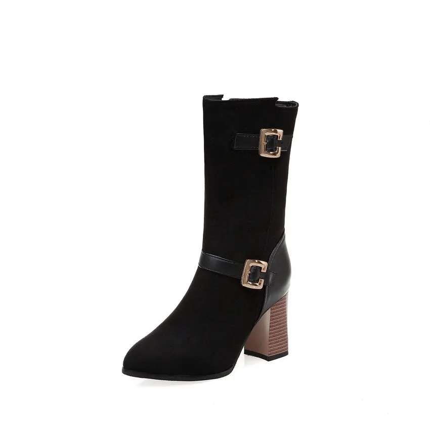 QUTAA/ г. Теплые зимние женские ботинки из искусственной кожи на меху модные ботинки до середины икры на высоком квадратном каблуке с боковой молнией и пряжкой размеры 34-43 - Цвет: Черный