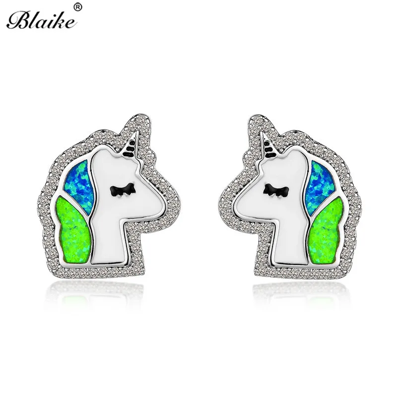 

Blaike Cute Unicorn Head Blue/Green Fire Opal Stud Earrings For Women 925 Silver Filled White Crystal Birthstone Ear Studs Gifts
