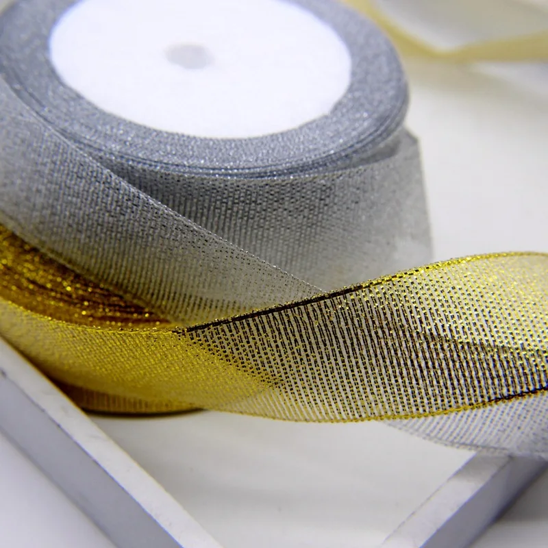 Gold/Silver Silk Organza Ribbon 25mm Glitter Embroidered Brocade Ribbons for Wedding Cake Gift Decoration Craft Supplies