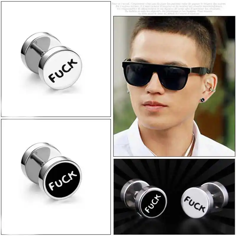 1-Piece-Punk-Men-Stainless-Steel-Barbell-Dumbbell-Ear-Studs-Earrings-Smiley-Skull-head-Black-Gothic
