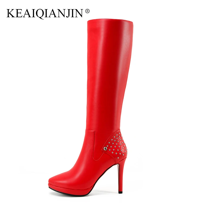 

KEAIQIANJIN Woman Genuine Leather Knee High Boots Plus Size 33 - 40 Black Red Winter Shoes Pointed Toe Rivet Knee High Boots