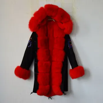 

Fashion UK beading black long jacket red fur lining with fox fur hood fur collar parka warm Mr winter women coats