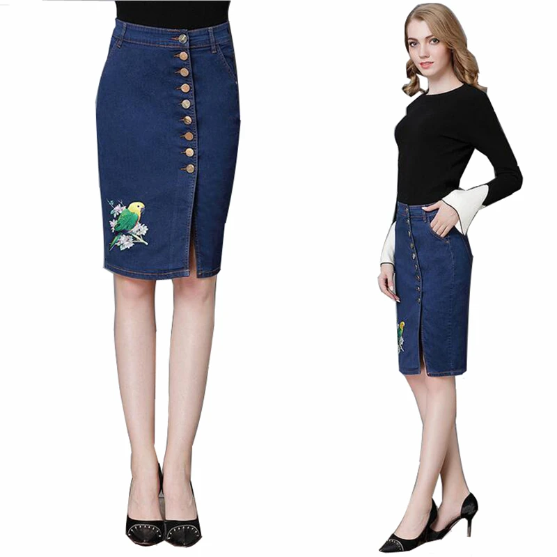 INDJXND 2017 New Autumn Pattern Embroidered Plus Denim Skirts Big Size