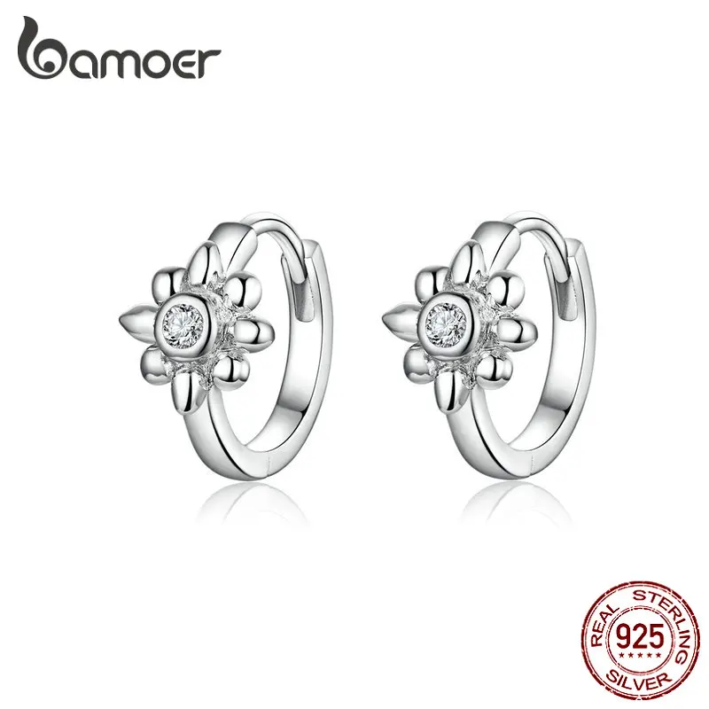 

BAMOER Real Silver Mini Hoop Eearrings for Women 925 Sterling Silver Sun Flower Small Ear Hoops Fine Jewelry 2019 New BSE082