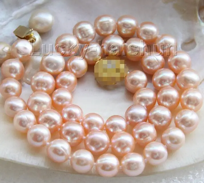 

FREE SHIPPING HOT sell new Style >>>>>luster 17" 10mm natural near round pink pearls necklace filled gold clasp j9466