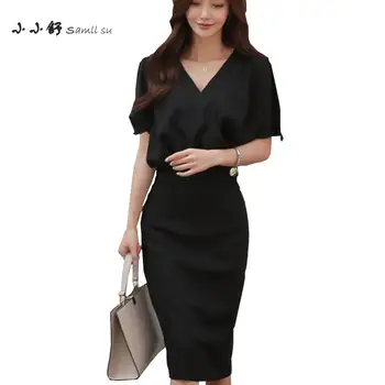 

Small Su 2 Piece Sets Summer Black Batwing Sleeve V-neck Sundress Sexy Bandage Button Pencil Dresses Womens Vestidos Mujer Longe