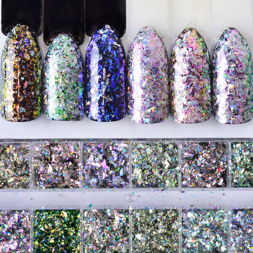 

Mixed 12 Color Aurora Chameleon Powder Gradient Nail Dust Mermaid Holo Effect Irregular Flake Dazzling Nail Glitter Set TRBSZ