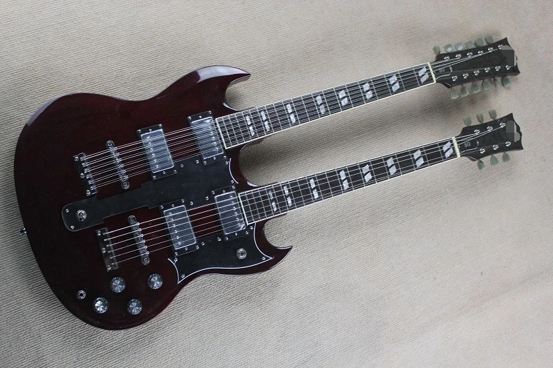 2016 popular double neck dark red electric guitar with black pickguard