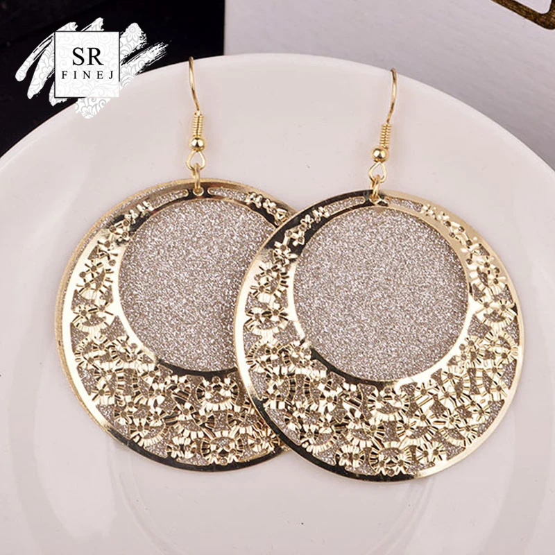 

SR:FINEJ Vintage Earrings For Women Gold Color Geometric Round Statement Earring Crystal Hollow Metal Hanging Fashion Jewelry