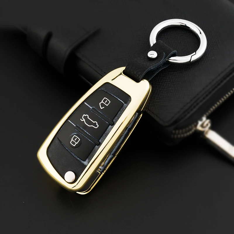 

1Set Car-Styling Zinc Alloy + Leather Car Flip Key Case Cover Auto Protective Folding Key Skin Shell Fob Holder For Audi A4L A6