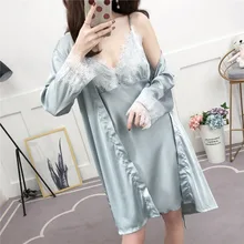 Летний женский халат и платье наборы сексуальная ночная рубашка из искуственного шелка Мини Ночная рубашка с банным халатом из двух частей женская ночная одежда, костюм для сна