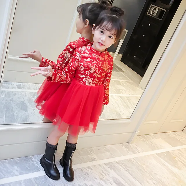Chinese New Year Dress Kids Vintage Qipao Fleece Spring Winter Children