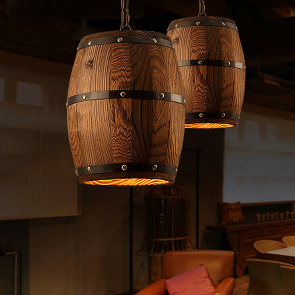  Country Wooden Barrel Pendant Lights Kitchen Island Lamp Creative E27 Lighting Fixture Art Decorati - 33021196274