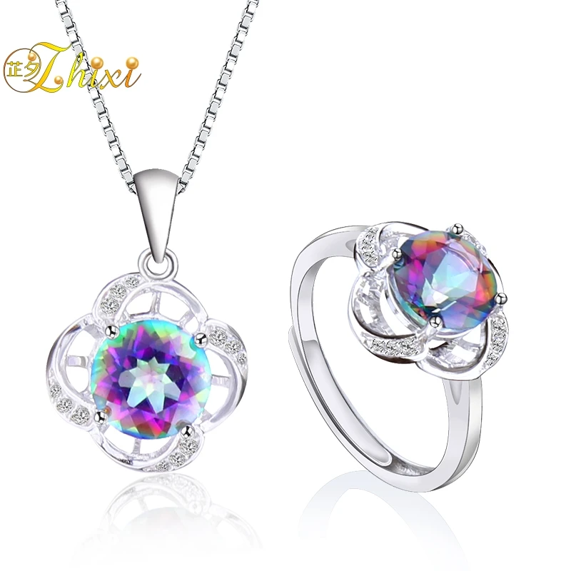 

ZHIXI 925 Silver Gemstone Jewelry Sets For Women Fine Crystal Topaz Necklace Pendant Ring Trendy Wedding Gift Rose T240DJ