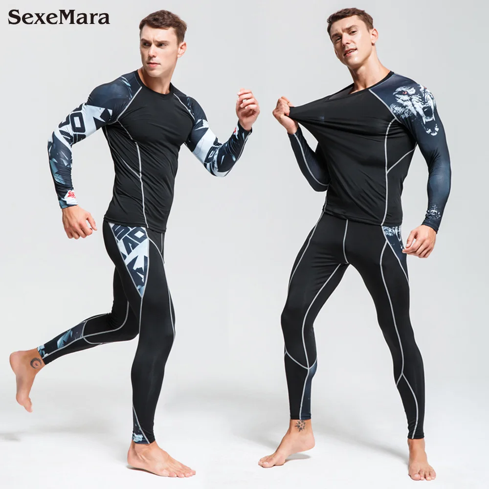

2019 SexeMara Men's Yoga Thermal Underwear sets compression men sports Suit Running and Bodybuilding Tights Fitness clothing kit